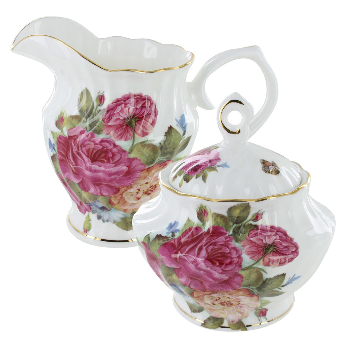Rose bone creamer and sugar bowl set with floral design on a white background