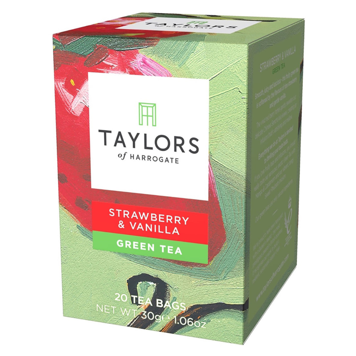 Box of Taylors of Harrogate Strawberry & Vanilla Green Tea on a white background