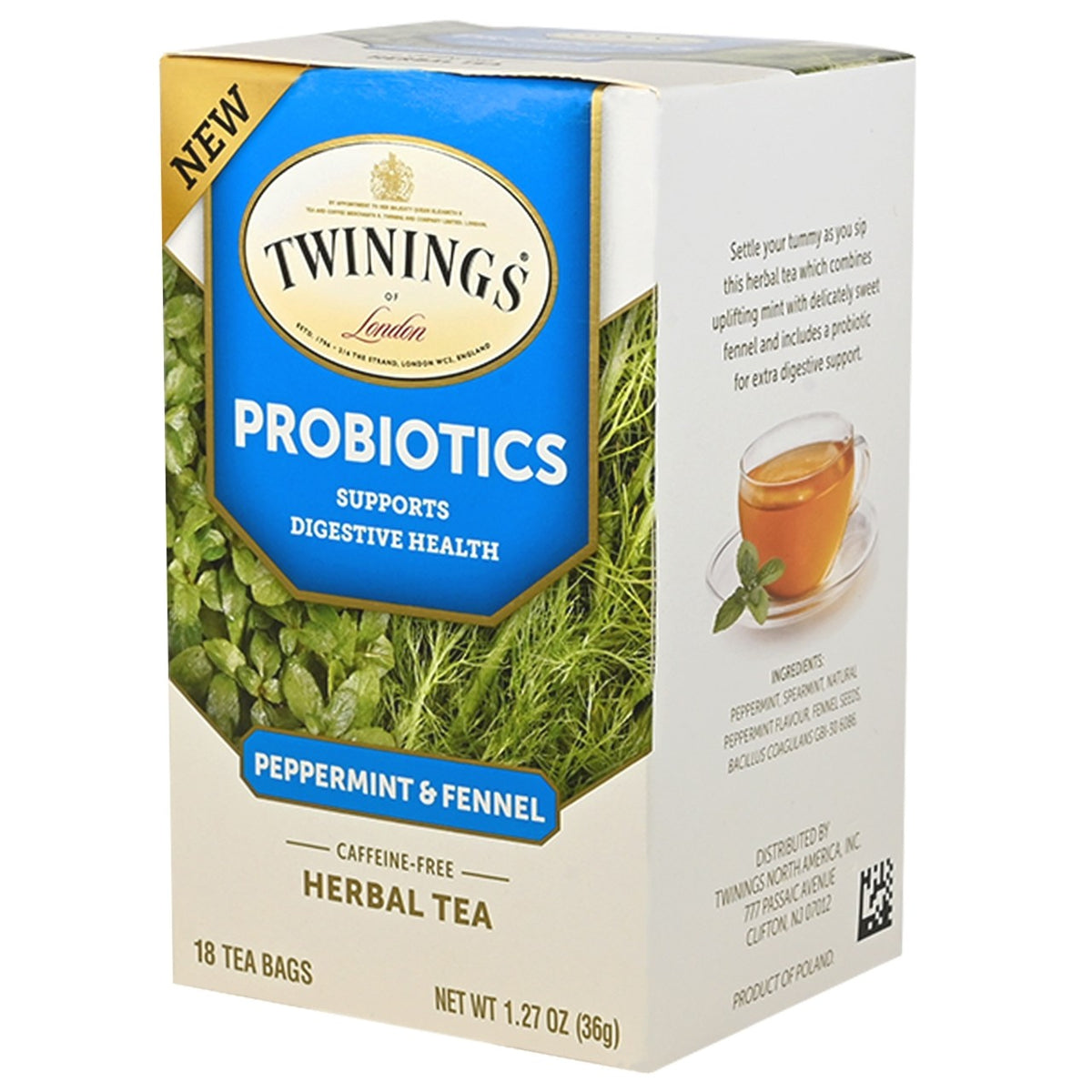 Twining's Probiotics Peppermint & Fennel Herbal Tea packaging on a white background