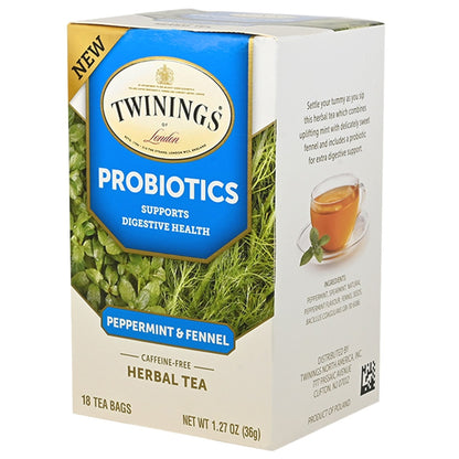 Twining's Probiotics Peppermint & Fennel Herbal Tea packaging on a white background