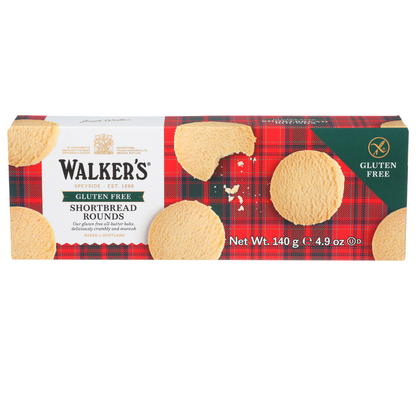 Box of Walker's Gluten Free Shortbread Rounds with a plaid design on a white background