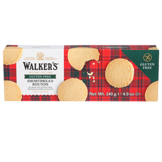 Box of Walker's Gluten Free Shortbread Rounds with a plaid design on a white background