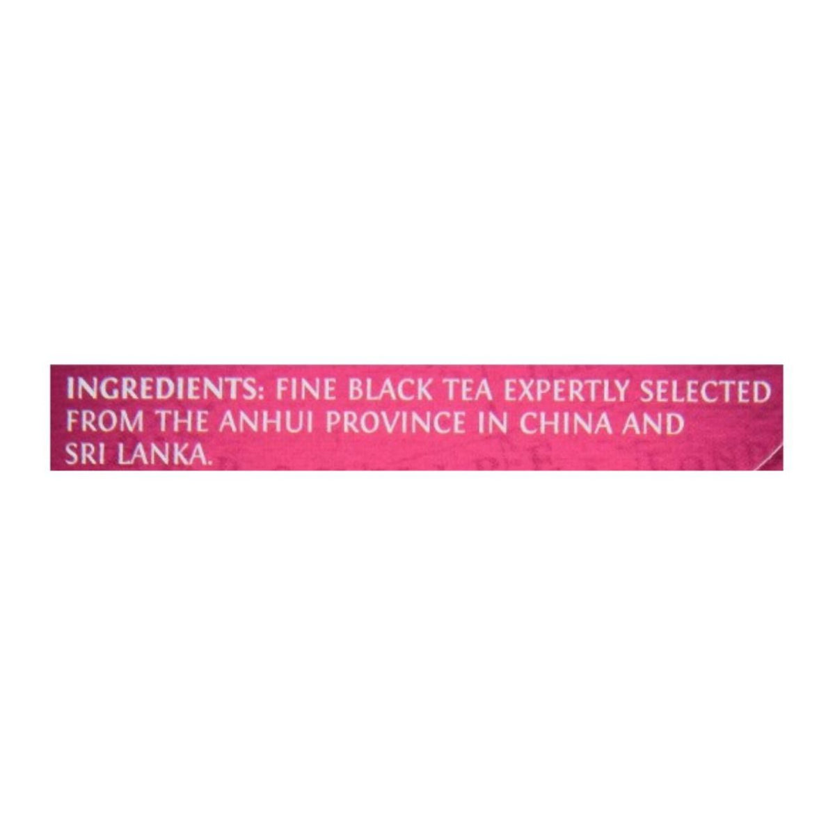 Text on a pink background indicating fine black tea ingredients from China and Sri Lanka