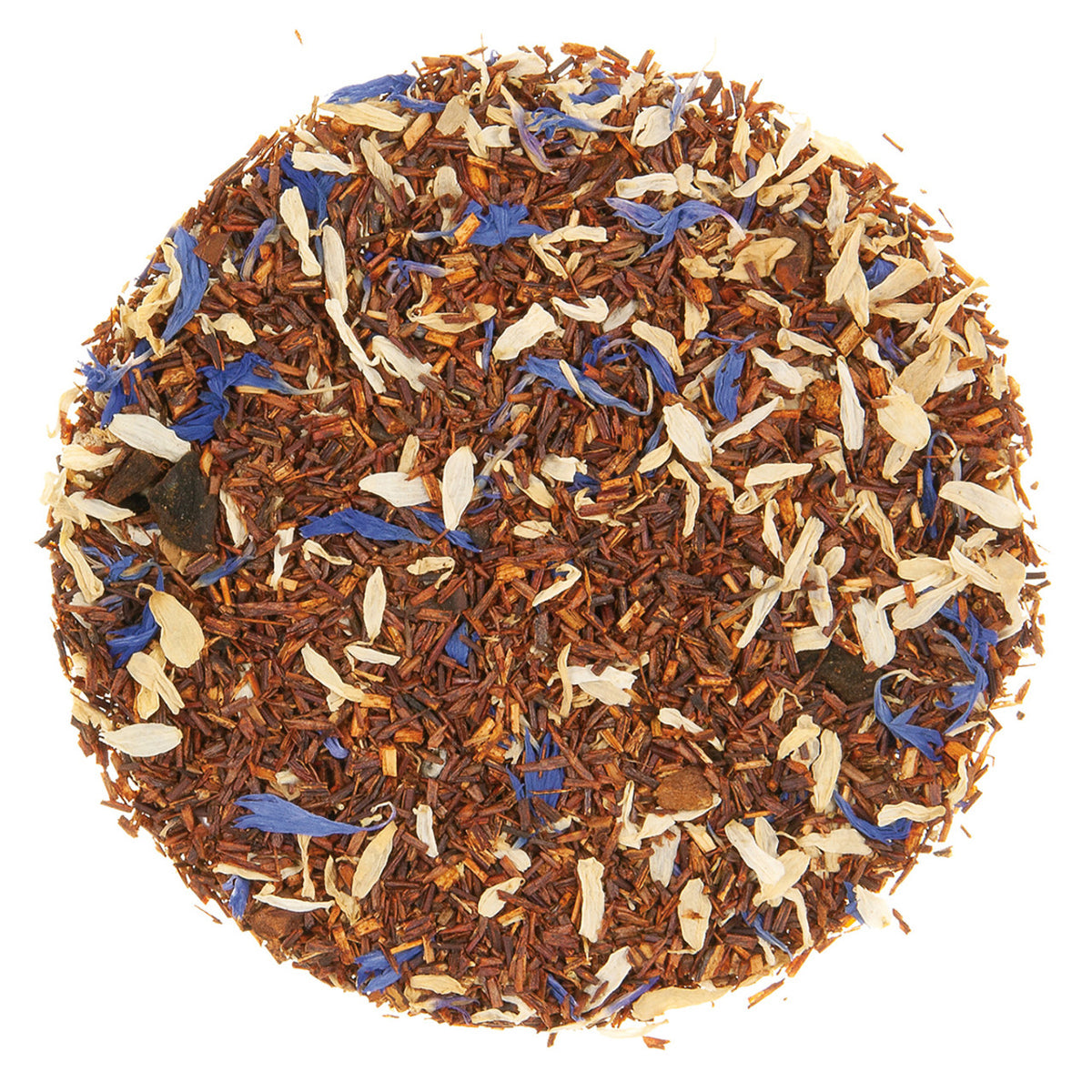 Round pile of rooibos tea leaves with blue petals intermixed on a white background