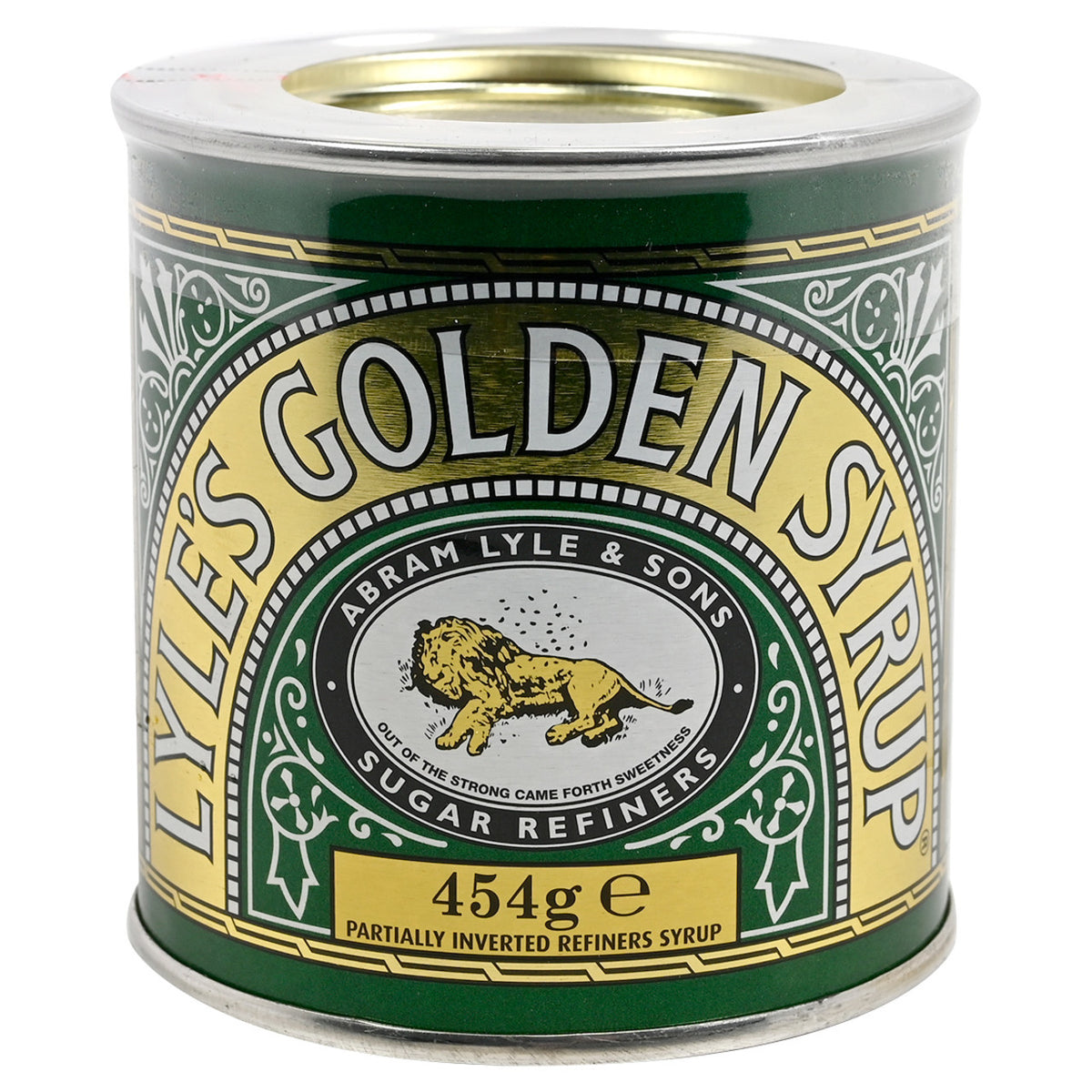 Lyle's Golden Syrup can with green and gold label on a white background