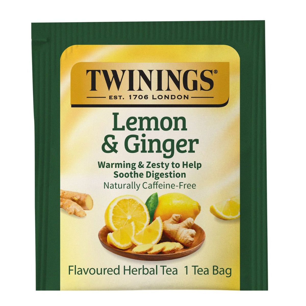 Twining's Lemon & Ginger tea bag packaging on a white background