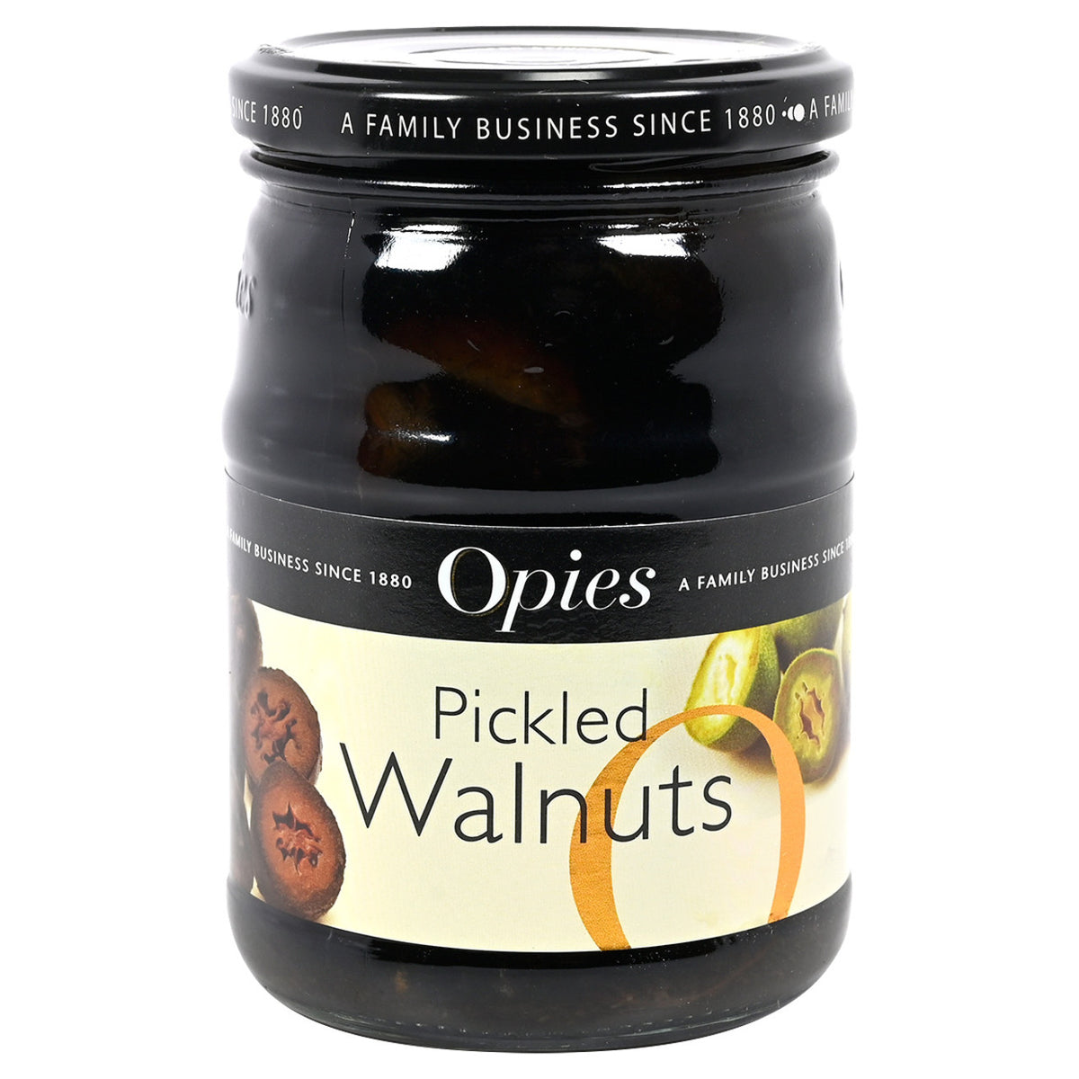 Jar of Opies Pickled Walnuts on a white background