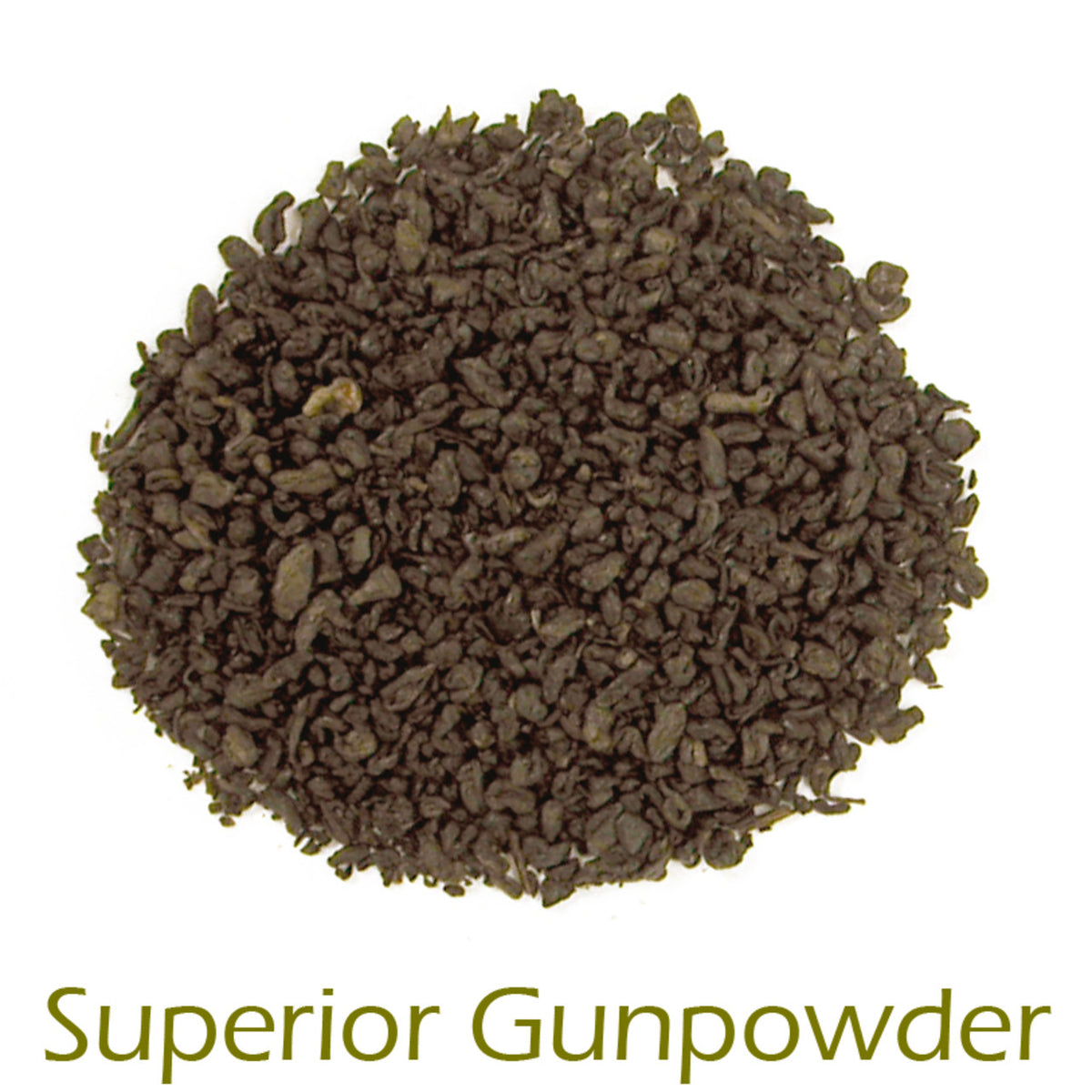 Heap of dark brown gunpowder tea on a white background with 'Superior Gunpowder' text.