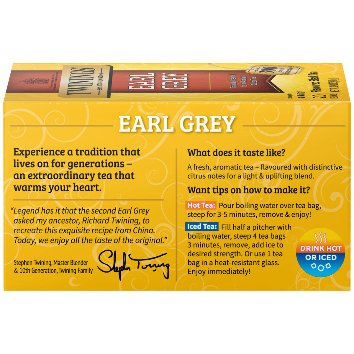 Box of Earl Grey tea with branding and brewing instructions on a yellow background