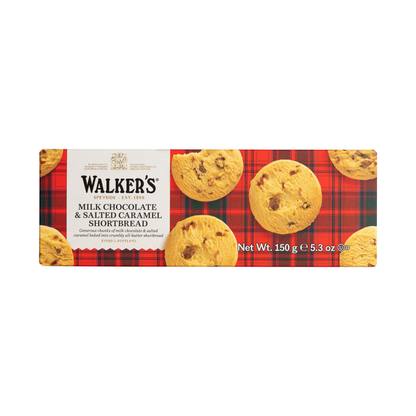 Box of Walker's milk chocolate and salted caramel shortbread cookies on a white background