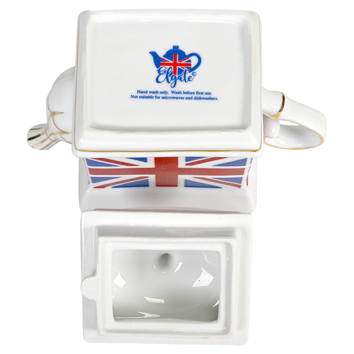 Bottom view of a rectangular tea pot with Union Jack design on a white background