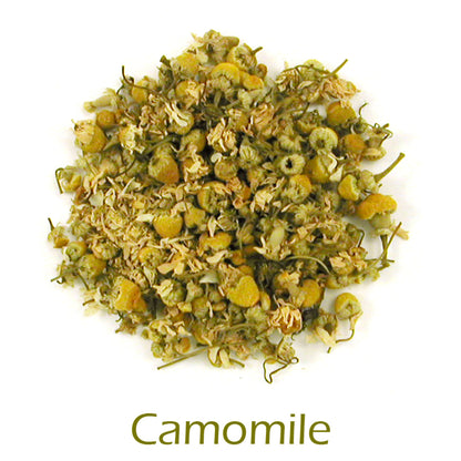 Dried camomile flowers and tea leaves on a white background with 'Camomile' text below.