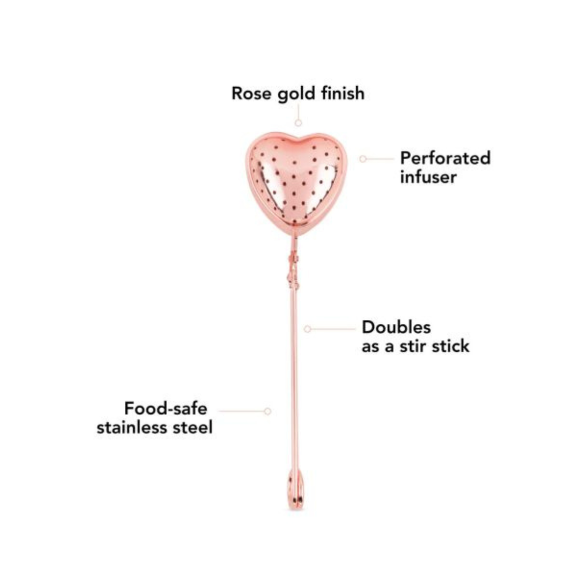 Rose gold heart-shaped infuser with text highlighting features on a white background