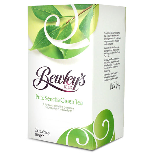 Bewley's Pure Sencha Green Tea packaging with green leaves on a white background