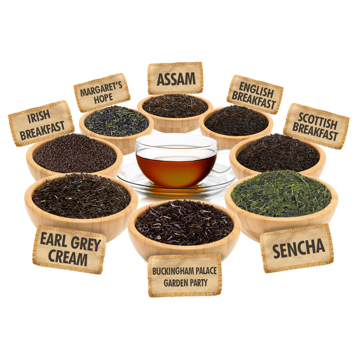 Assorted types of tea in wooden bowls with labels on a white background and a clear teacup filled with amber tea in the center