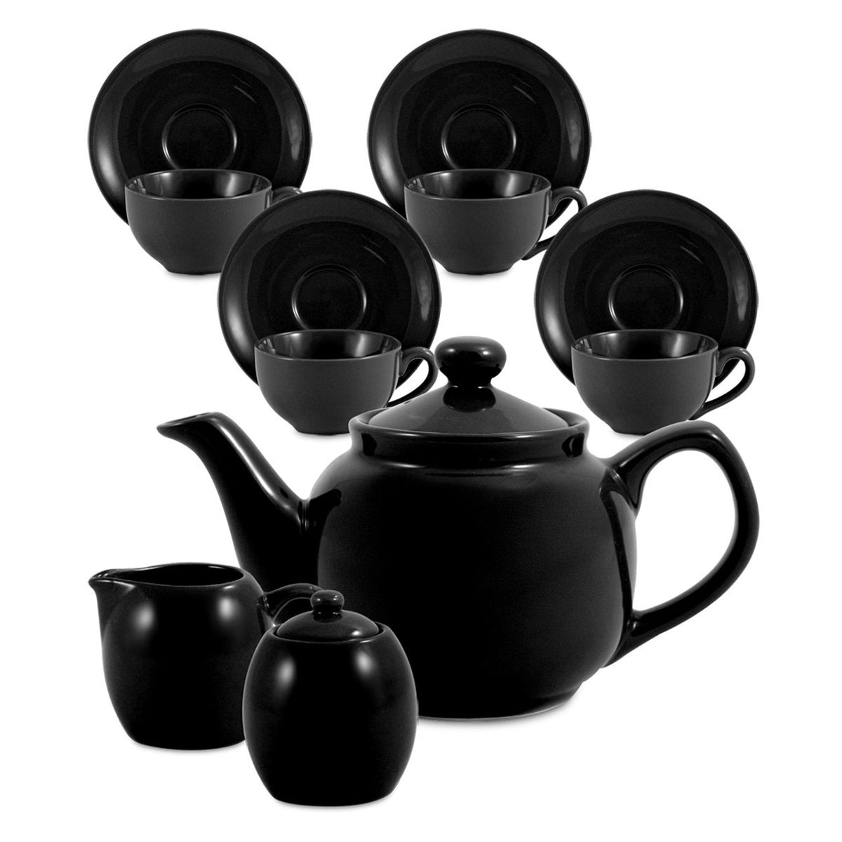 Black ceramic tea set with teapot, cups, and bowls on a white background