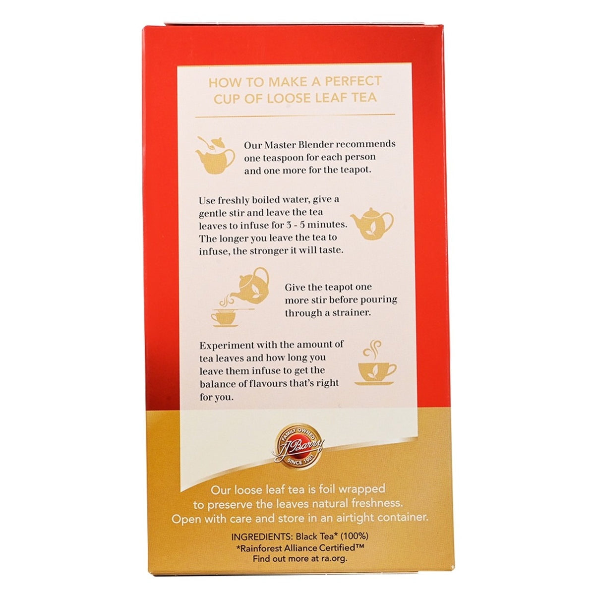 Tea packaging with instructions on making a perfect cup of loose leaf tea.