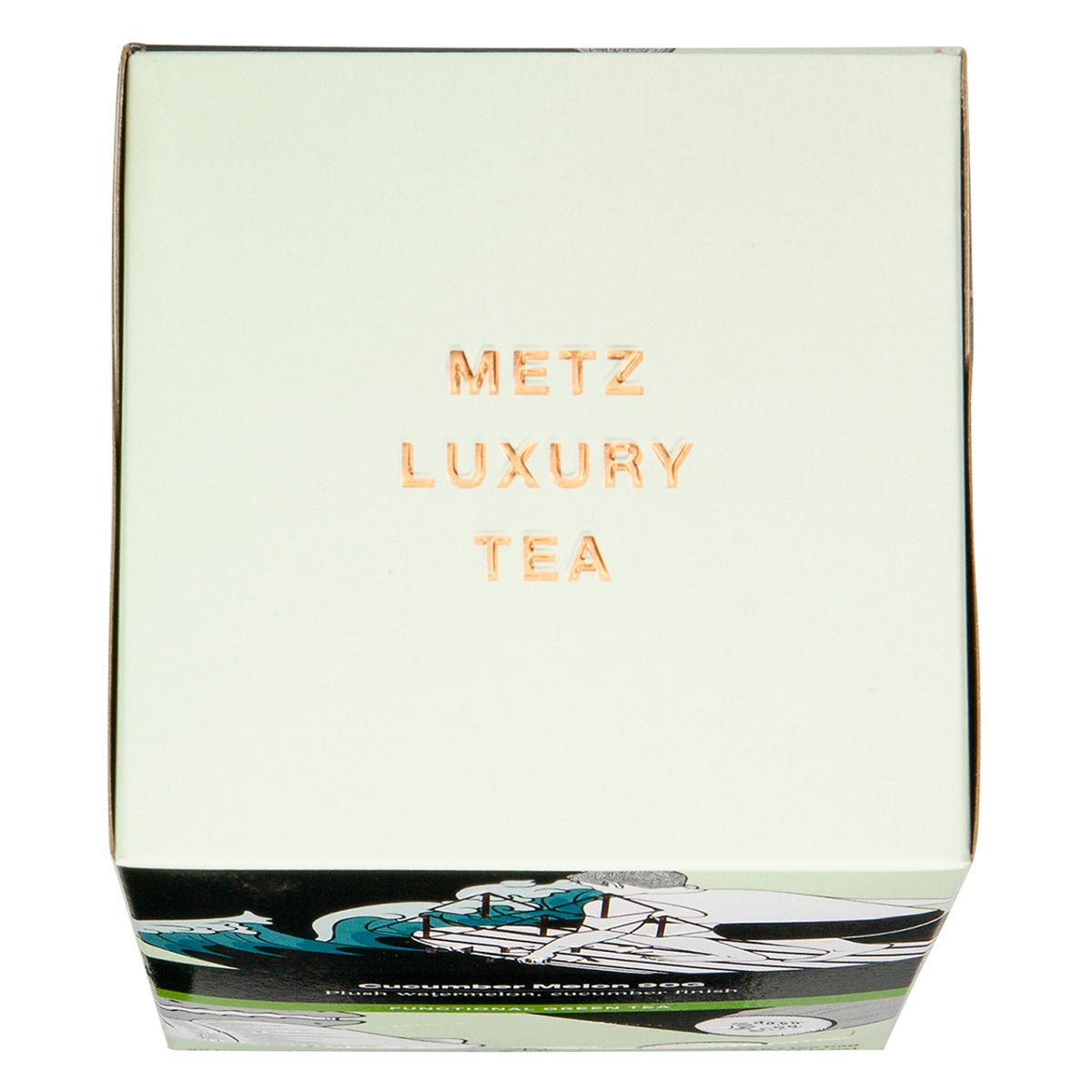 Box of Metz Luxury Tea with gold text on a white background