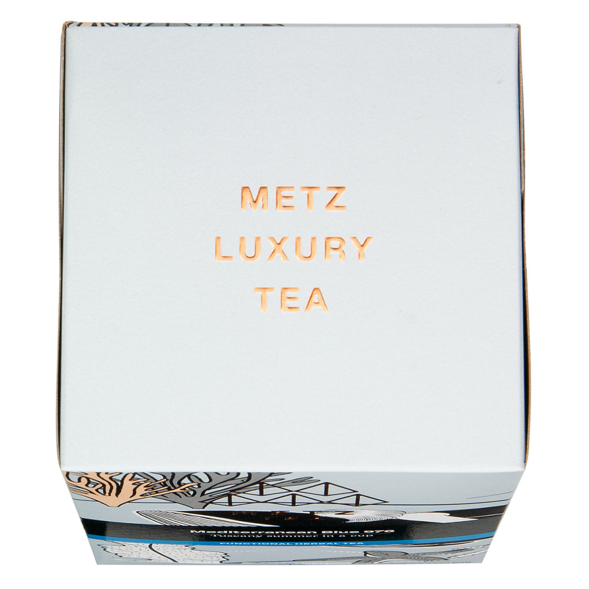Top of a box of Metz tea featuring the text "Metz Luxury Tea"