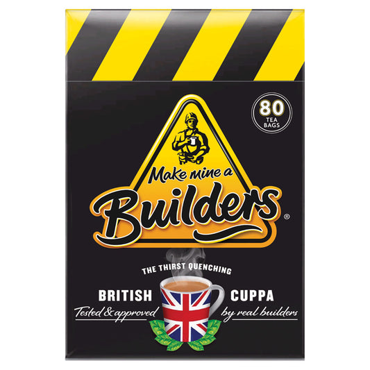 Box of 'Make mine a Builders' tea with British flag design on black background