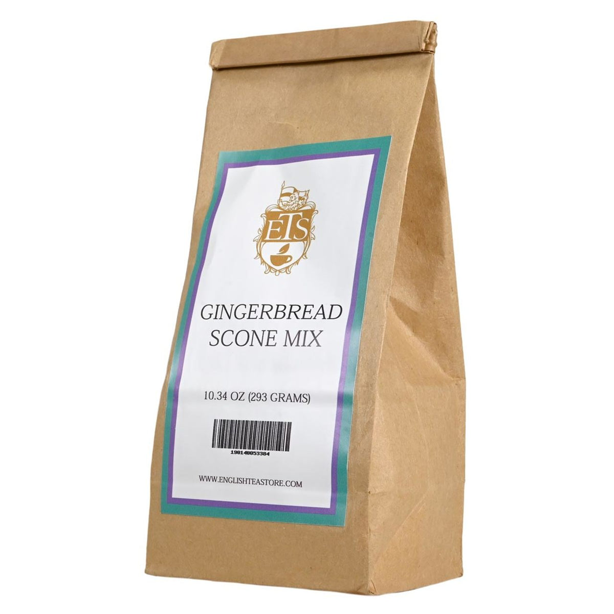 Kraft paper bag of gingerbread scone mix with the ETS label on a white background