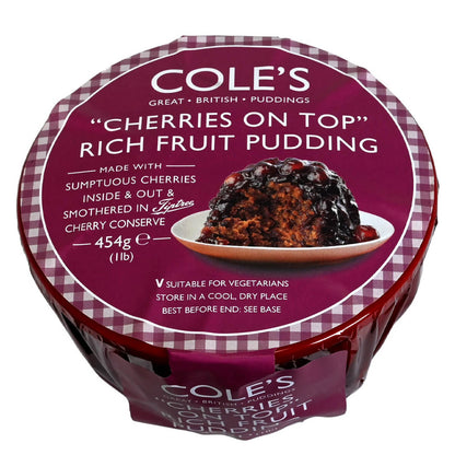Cole's Cherries on Top Rich Fruit Pudding packaging with a purple label.