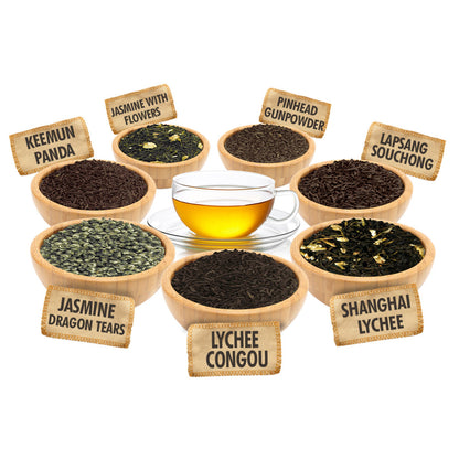 Assorted types of tea in wooden bowls with labels on a white background