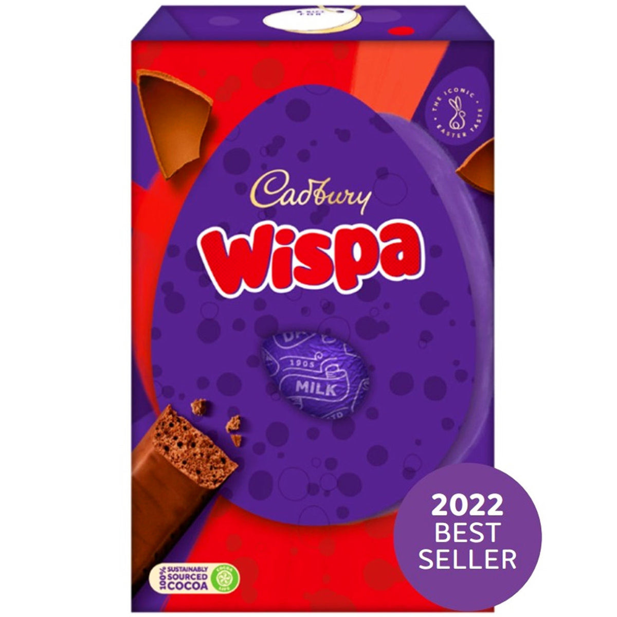 Cadbury Wispa chocolate Easter egg packaging with a purple egg and red background, featuring the brand logo and '2022 Best Seller' label.