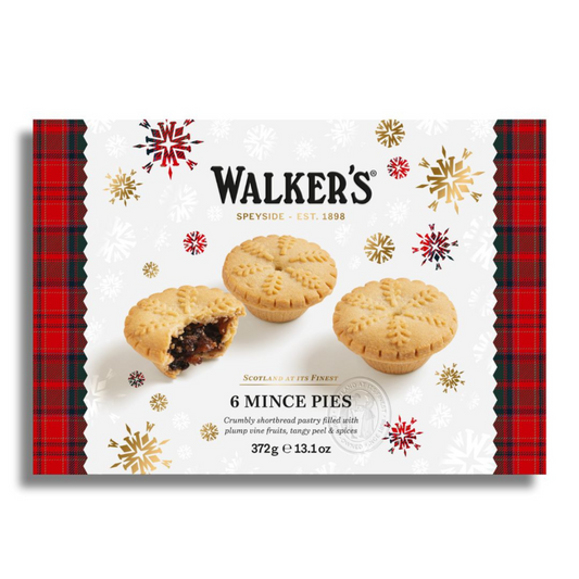 Packaging of Walker's mince pies with plaid border and snowflake decorations