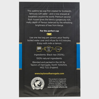 Tea package with text and branding on a black background