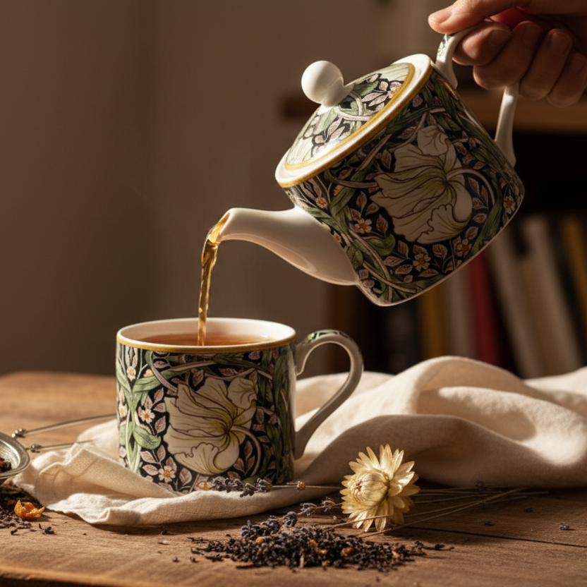 Decorative teapot with floral patterns on a table pouring tea.