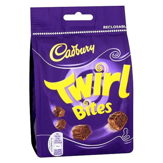 Purple packaging of Cadbury Twirl Bites with yellow text on a white background