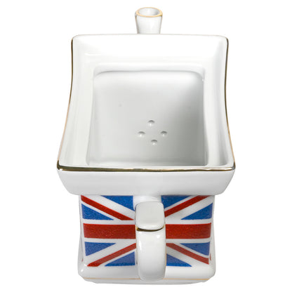 Top down view of a rectangle teapot with Union Jack design on a white background