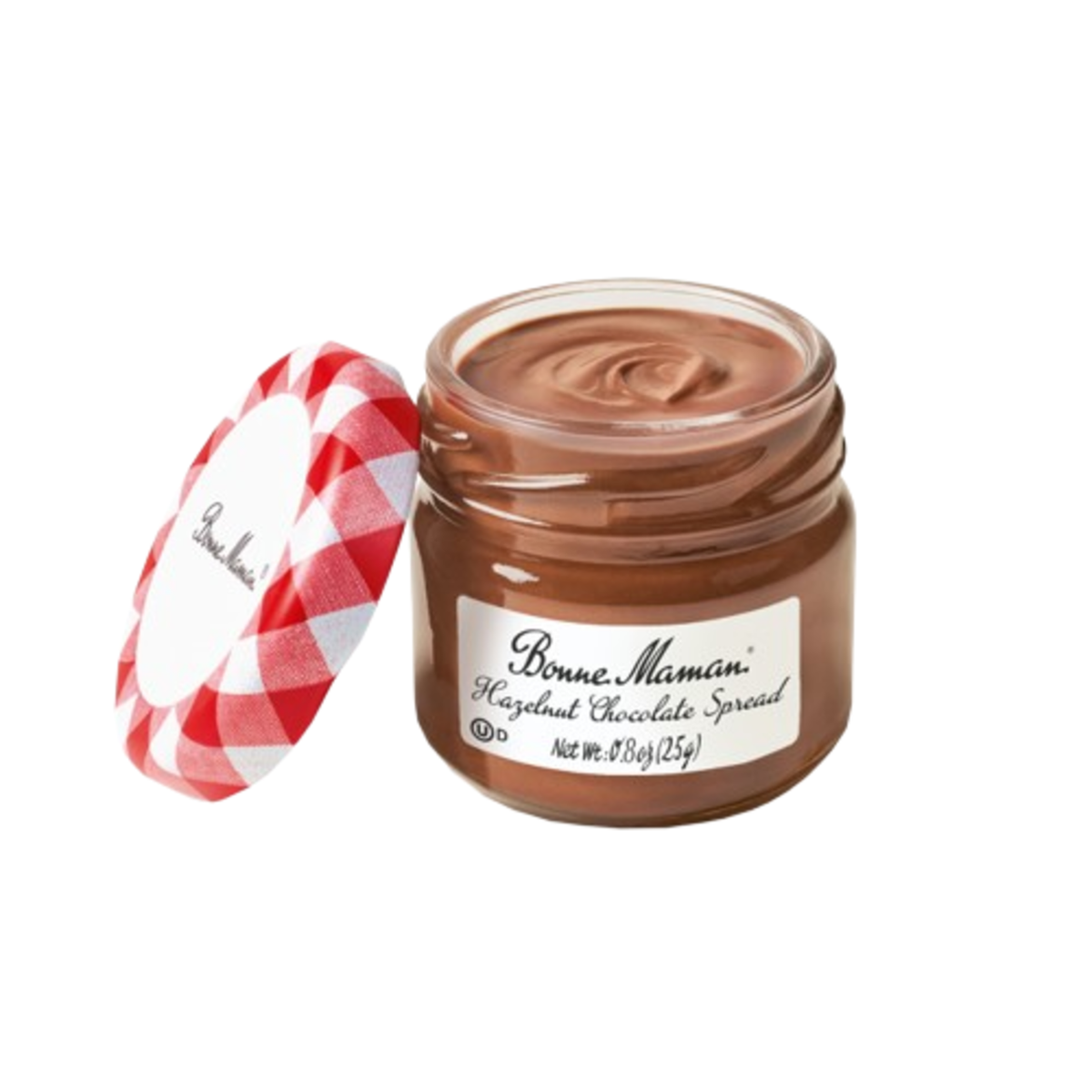 Jar of Bonne Maman hazelnut chocolate spread with a red and white checkered lid on a white background