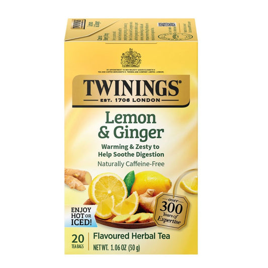 Box of Twinings Lemon & Ginger tea on a white background