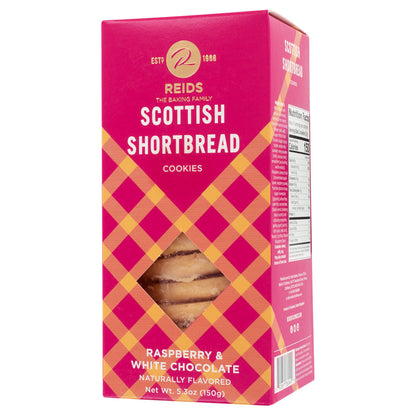 Box of Reids Scottish Shortbread Cookies with raspberry and white chocolate flavor on a pink and yellow checkered background.