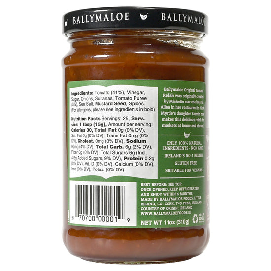 Back view of a jar of Ballymaloe tomato relish with label and ingredients listed.