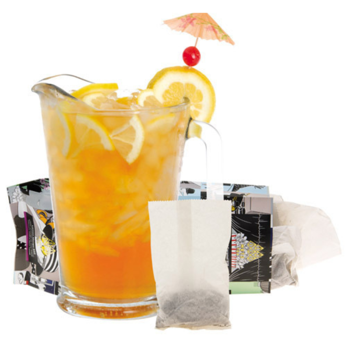 Iced tea with lemon slices, a cherry, and a small umbrella garnish, with tea bags and packaging in the background.