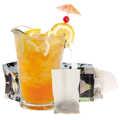 Iced tea with lemon slices, a cherry, and a small umbrella garnish, with tea bags and packaging in the background.