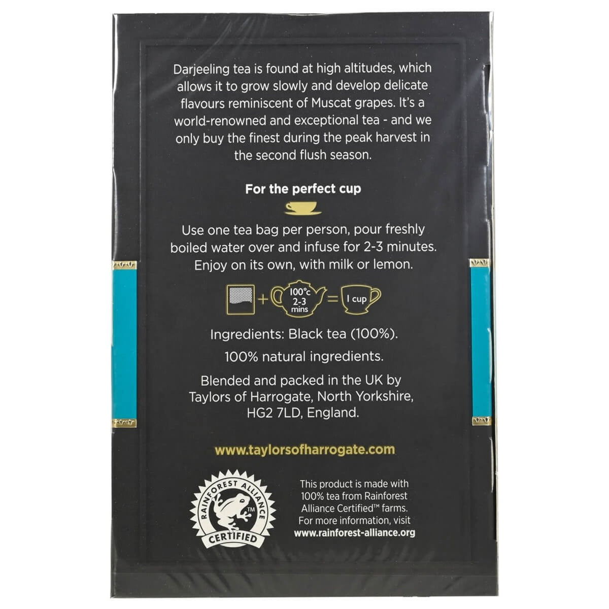 Tea bag packaging with text and branding on a white background
