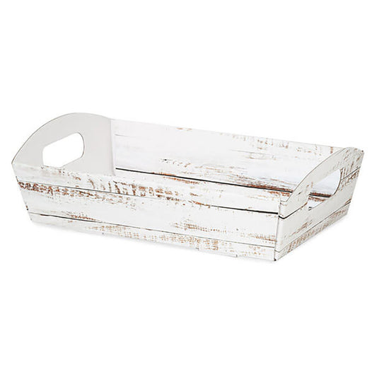 Wooden tray with a distressed white finish on a white background