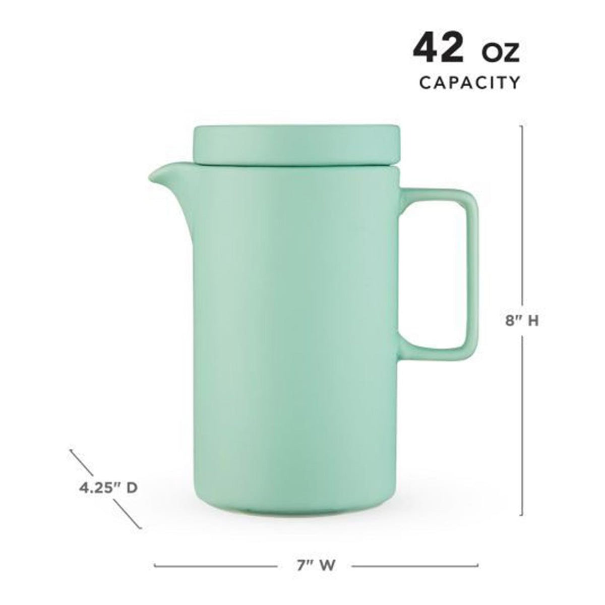 Mint green pitcher style tea pot with dimensions and capacity label on a white background