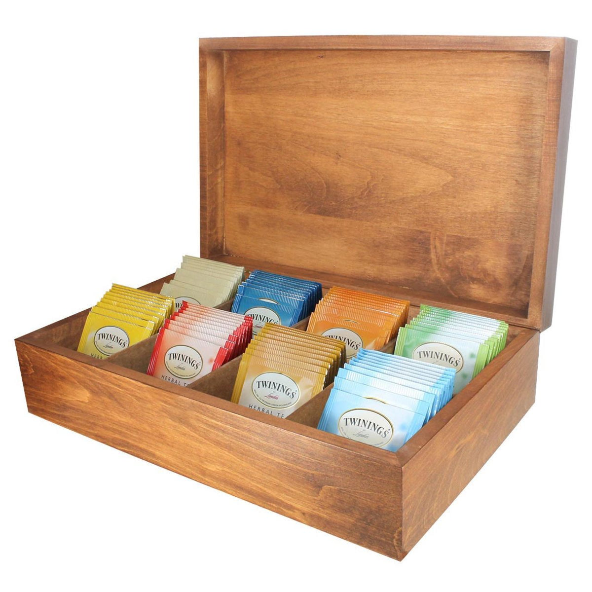 Wooden box with assorted Twinings tea bags inside