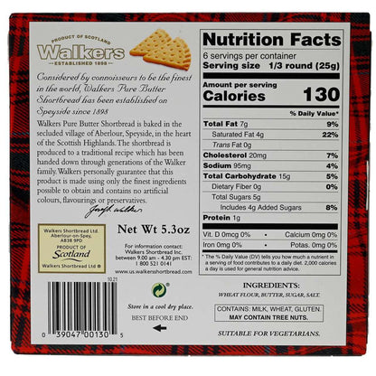 Nutrition facts label and product description on a Walkers shortbread packaging.