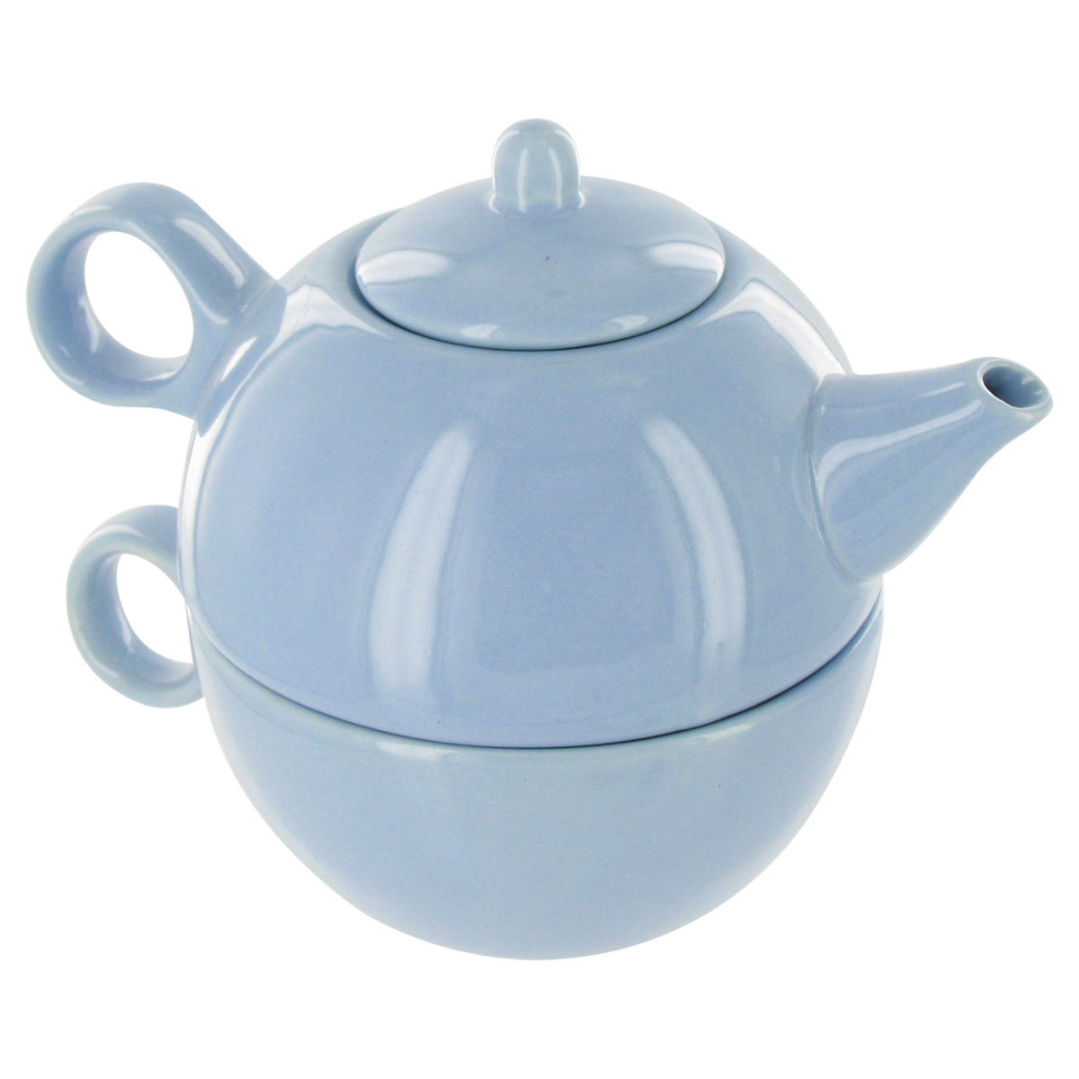 Light blue ceramic teapot stacked on a matching teamug on a white background