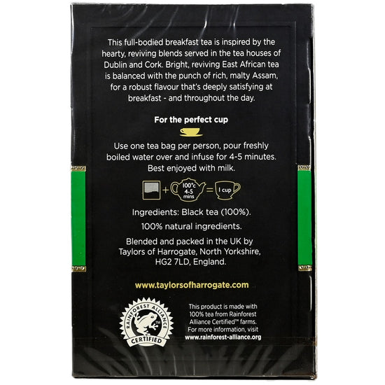 Tea package with text and branding on a black background