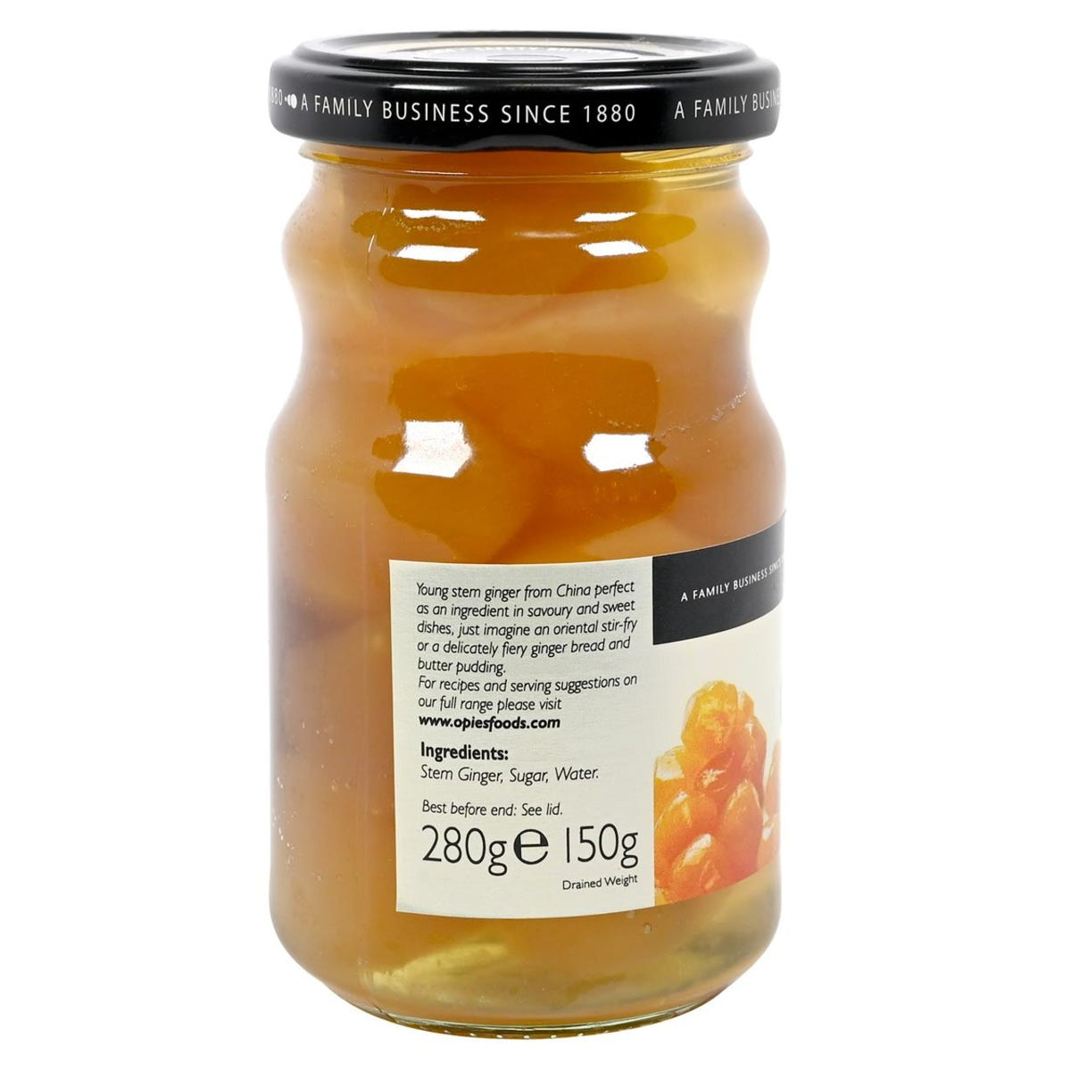 Jar of Opies Stem Ginger in Syrup on a white background with ingredients on the label.