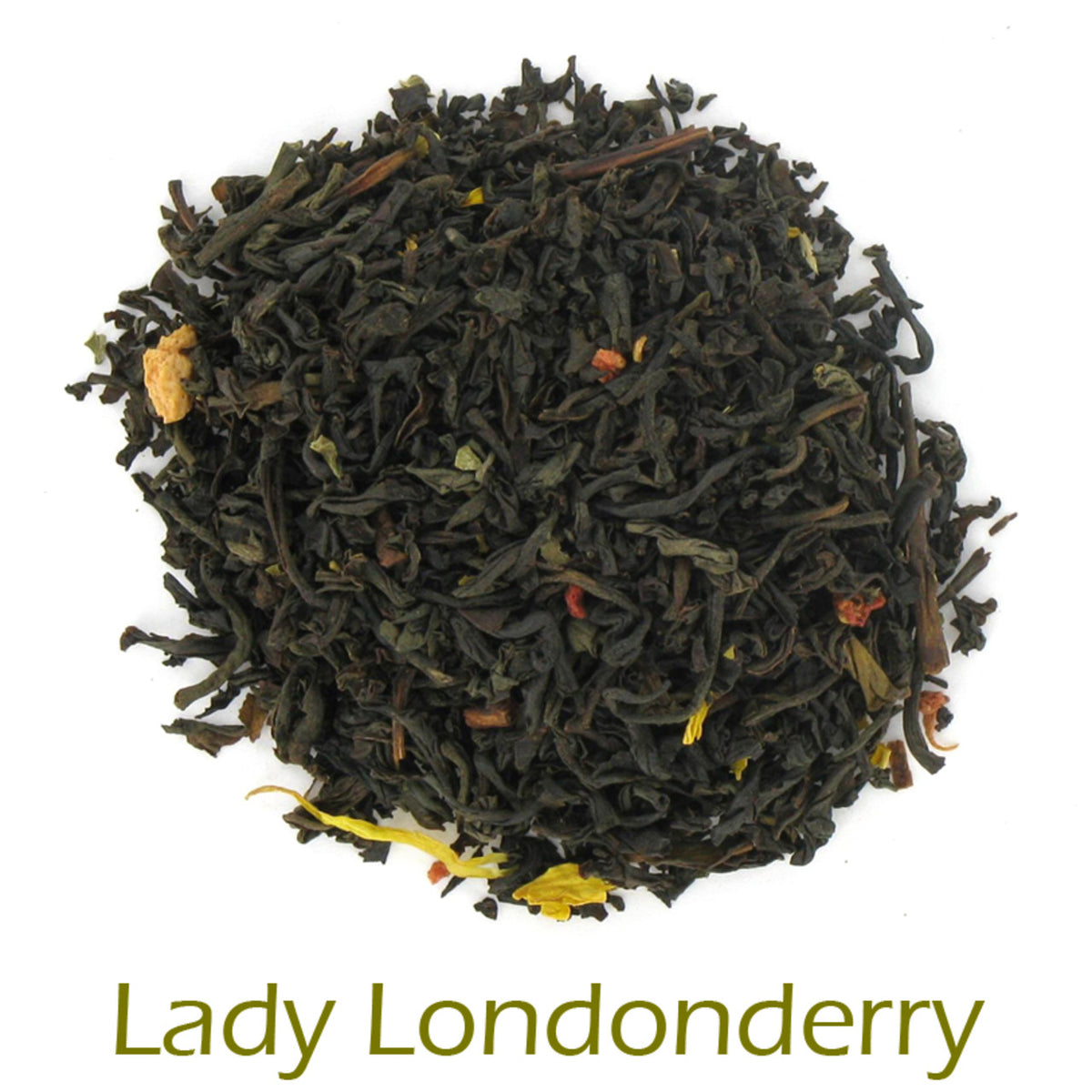 Lady Londonderry loose-leaf tea on a white background with product title text callout at bottom