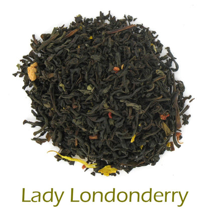Lady Londonderry loose-leaf tea on a white background with product title text callout at bottom