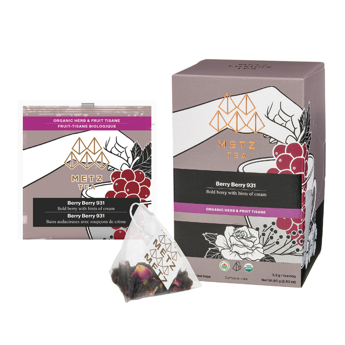 Metz Tea packaging with berry tea bags on a white background